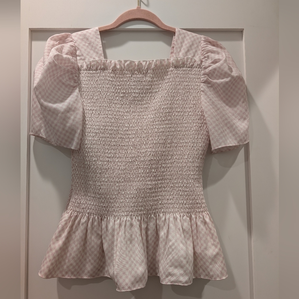 Rachel Parcell Light Pink Gingham Smocked Peplum Top - Picture 2 of 3